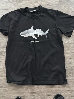 Palm Angels Black Tee with Silver Shark Duo Graphic